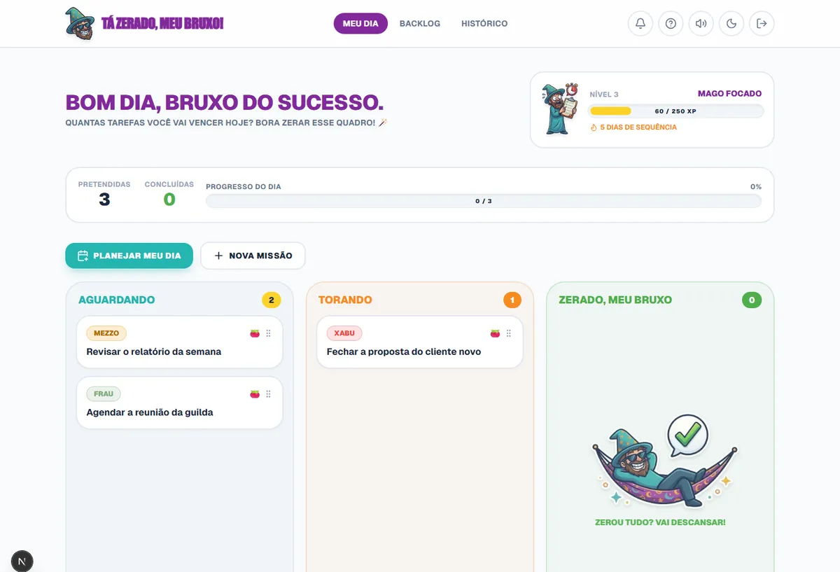 O quadro de missões do Zerado, Meu Bruxo: colunas Aguardando, Torando e Zerado, com XP e sequência